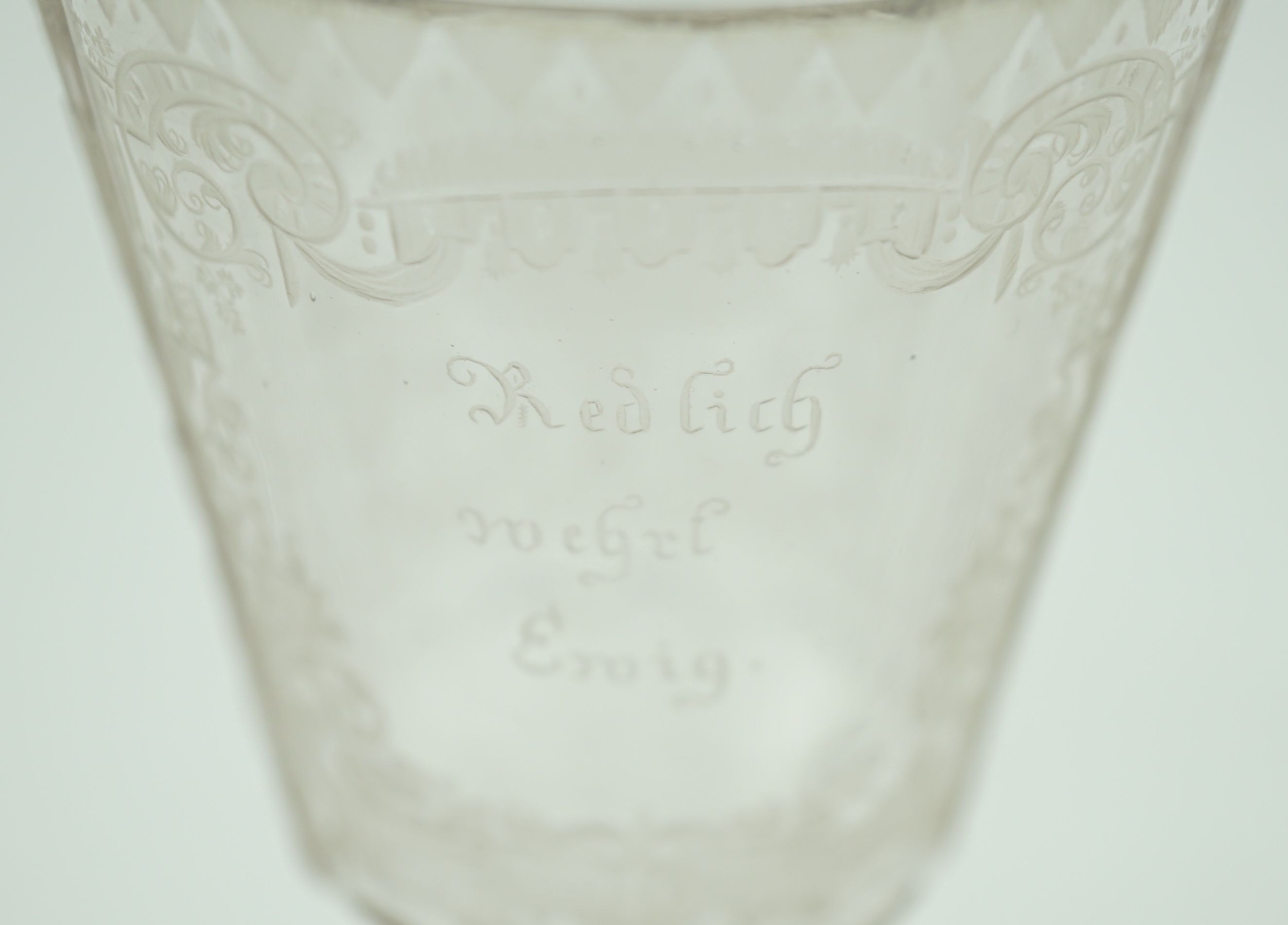 A Silesian wheel engraved glass goblet, c.1760, possibly made in Szklarska Poreba, 16.7cm high